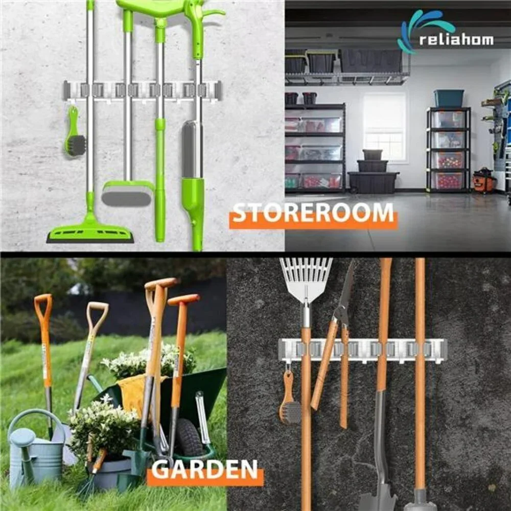 Broom Holder Mop Hanger Wall Mount Metal Organization Garage Storage System Silv